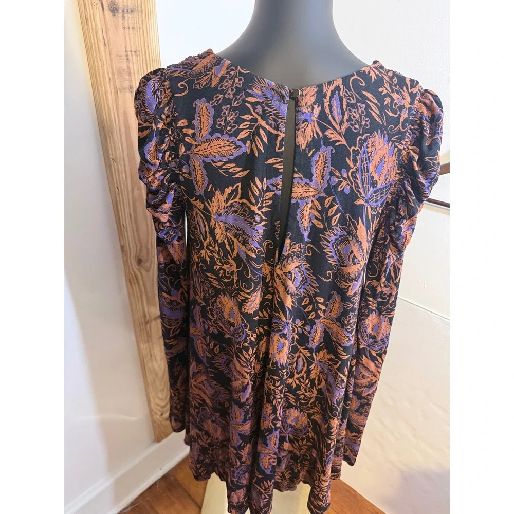 Free People Black& Orange Floral Boho Dress Top Long Sleeve Keyhole‎ Back Small